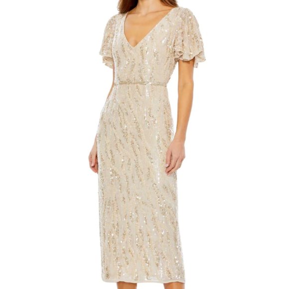 MAC DUGGAL 93591 SEQUINED V-NECK FLUTTER SLEEVE OYSTER SHEATH MIDI DRESS sz 4 - Picture 1 of 5
